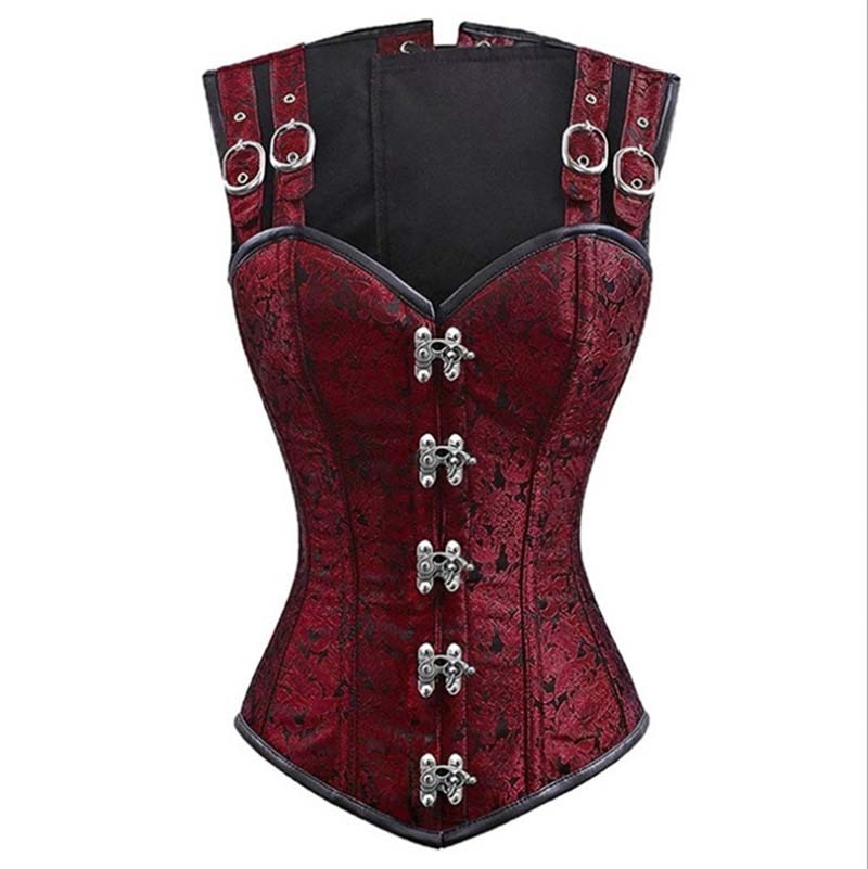 Gothic Steampunk Costume Waist Trainer Underbust Waist Cincher Claret Black Jacquard Top Bustier Corsets For Women Plus Size 2XL