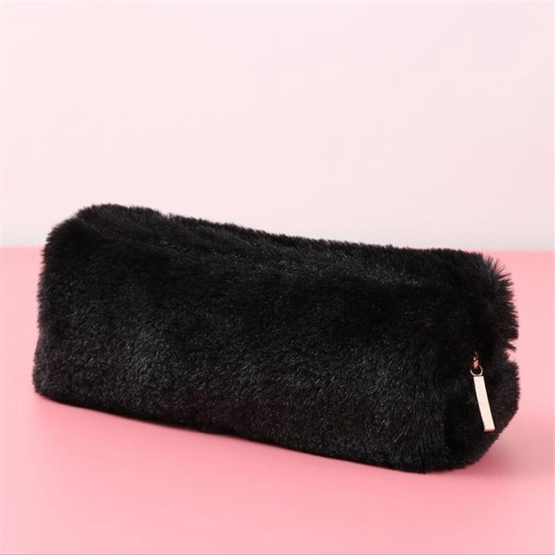Trousse en peluche couleur unie Kawaii porte-crayon s sac papeterie trousse à crayons porte-crayon scolaire pour filles fournitures scolaires outils: Black