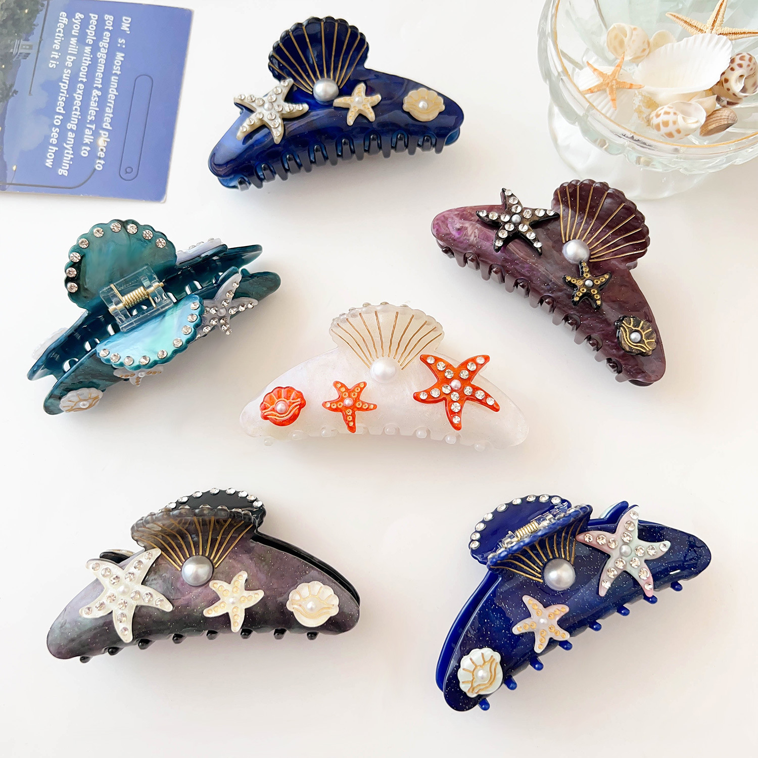 DuoShang Summer Rhinestone Starfish Hair Claw Acrylic Claw Clips Beach Ocean Series Crab Hair Clips for Women Hair Accessories