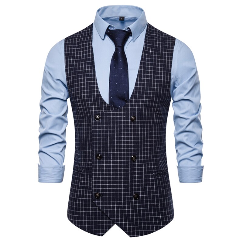 Mens Classic Plaid Pak Vest Double Breasted Jurk Vesten Slim Fit Busienss Formele Tuxedo Vest Mannelijke