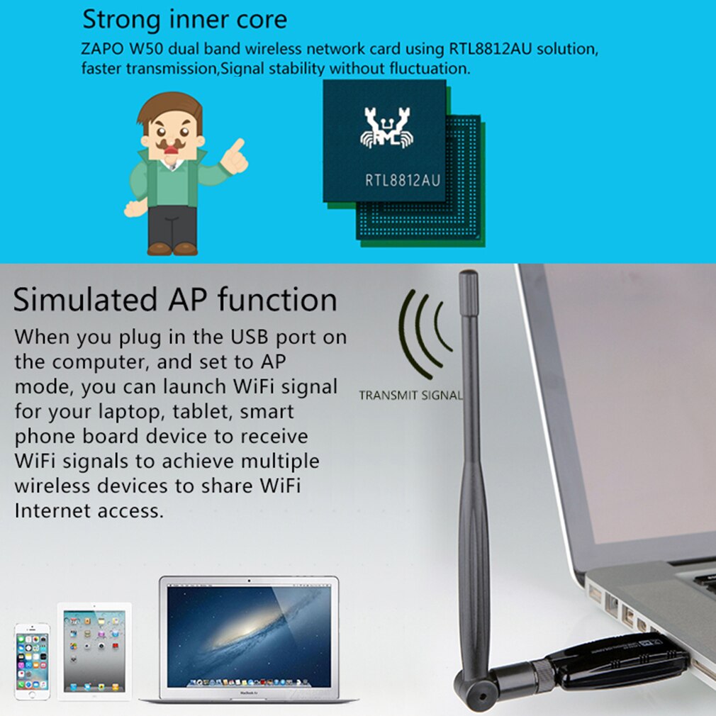 Black Dual Band Wireless Network Card Long Range Transmission Stable Signal Wall Artifect Wifi Antenna Adapter Card For Laptop