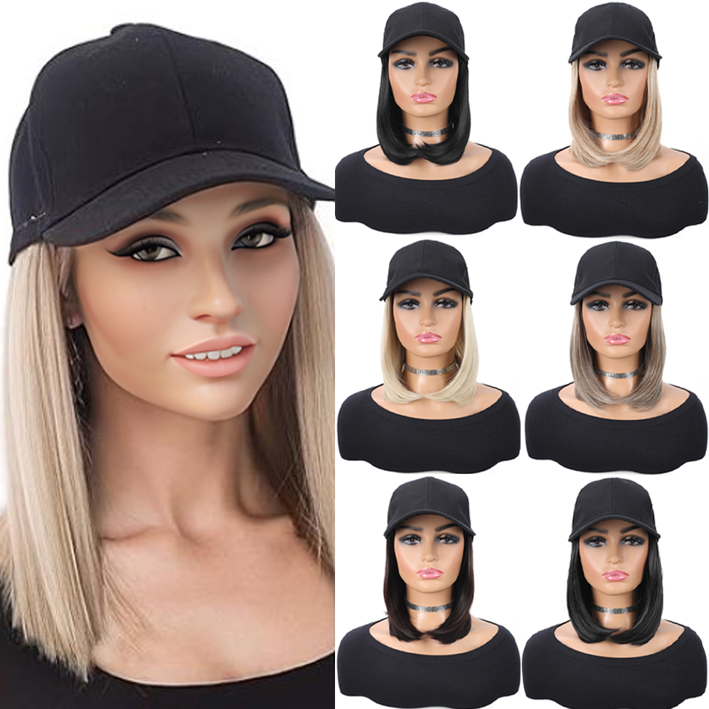 Gorra de béisbol con extensiones de cabello sintético, peinado Bob corto liso, peluca extraíble ajustable, sombrero de 10 pulgadas para mujer y niña
