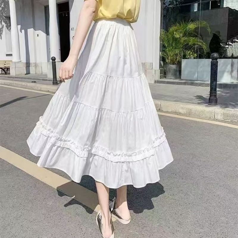 Casual Vintage Women Skirt Matching Chic Lady's White Skirt Sweet Girl's Cake Skirt Elastic Waist A-Line Mid Length Flare Skirt: S / Beige