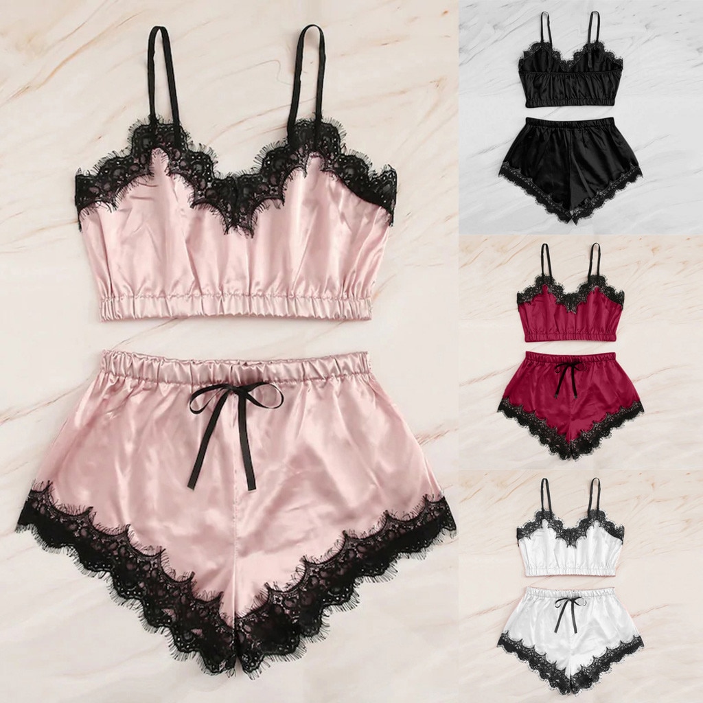 Kvinnor sexiga nattkläder ärmlös rem nattkläder spetskant satin cami topp pyjamas set topp +shorts ropa de dormir
