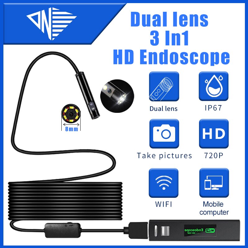 Wifi 8Mm Dual Lens 2MP Auto Endoscoop 3 In 1 Type C Usb Micro Aansluiten Boroscope Flexibele Camera Industriële tube Inspectie