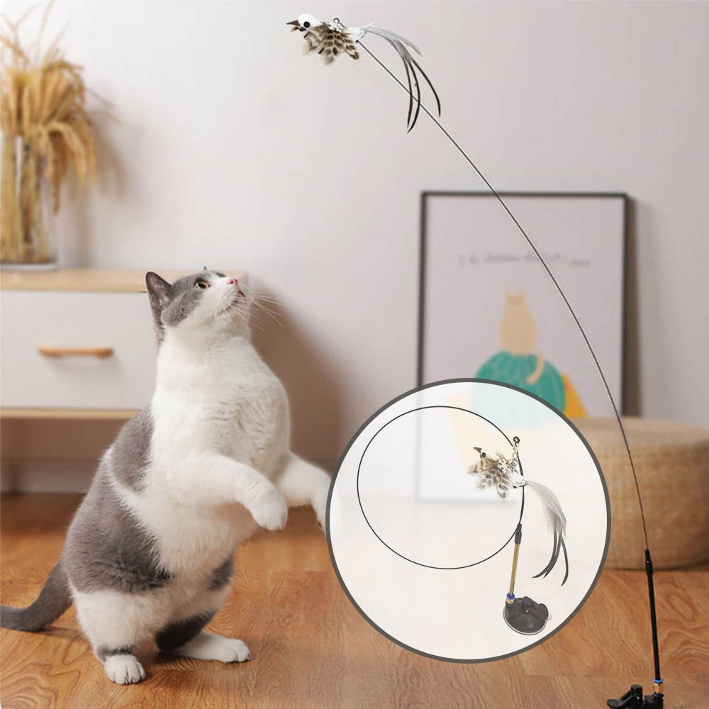 Simulatie Vogel Kat Speelgoed Interactieve Grappige Veer Vogel Met Bell Sucker Kat Stok Speelgoed Katje Spelen Teaser Wand Speelgoed Voor katten