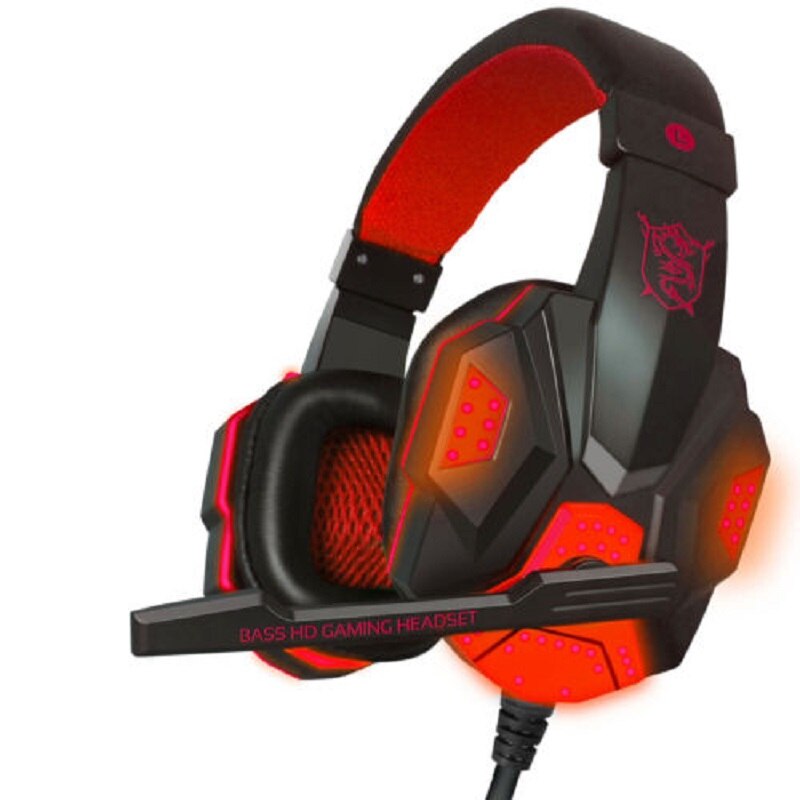 Gaming headset datamaskin stereo gaming hodetelefoner beste casque dyp bass spill øretelefoner med mic led lys for pc gamer: Rød