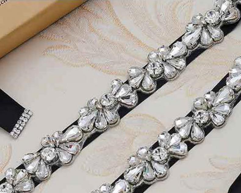 Silver strass brudbälte kristall pärlor band bröllopsbälte skärp för brudtärnor klänningar sliver guld roséguld: Svart flis