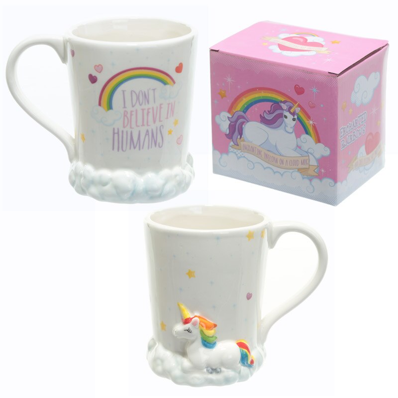 Taza de unicornio con nubes de arcoíris Cute Quirky I Dont Believe In Humans taza de café taza de caballo mágica tazas de leche y té y tazas