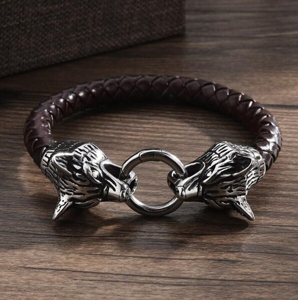 Bracciale testa di lupo vichingo catena di corda di cuoio doppio anello di morso testa di lupo bracciale per uomo amuleto regalo gioielli vichinghi: A6962-SIlverBrown