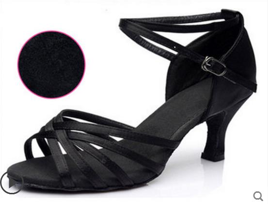 Vrouwen Latin Dans Schoenen Hoge Hakken Koeienhuid zachte bodem Black satin Sport schoen Latin Indoor Goedkope Meisje Beoefenen Grote Korting: BLACK heel 5.5cm