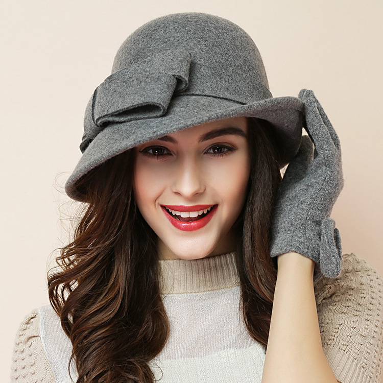 Kvinder fest formelt hovedbeklædning dame vinter asymmetrisk sløjfe 100%  uldfiltede hatte: Grå