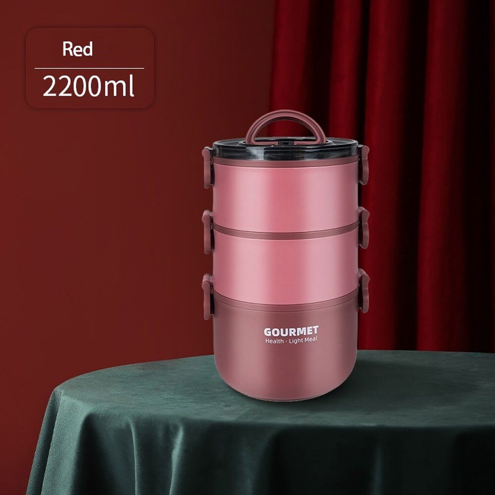 Lunch Box Bento Food Container Thermos Conservation Children's Warmer Meal Prep Stainless Steel Student Leak Proof Portable: Red-3-layer