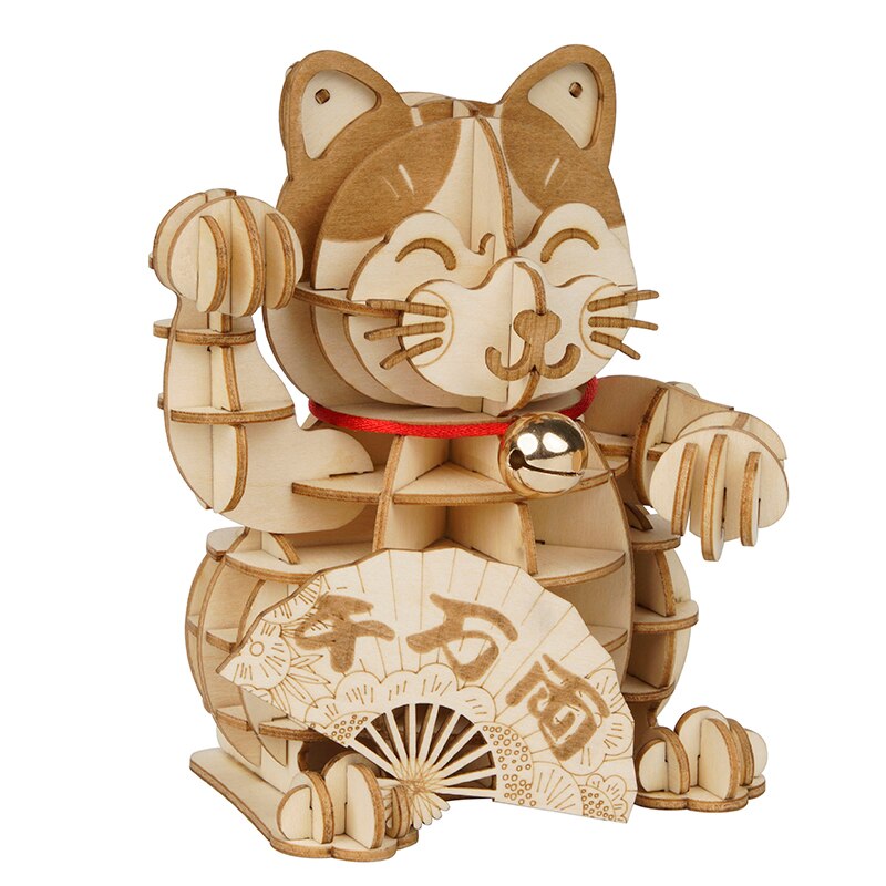 Robotime Lucky Cat Model 3D Houten Puzzel Gamestoys Voor Kinderen Kinderen Meisjes