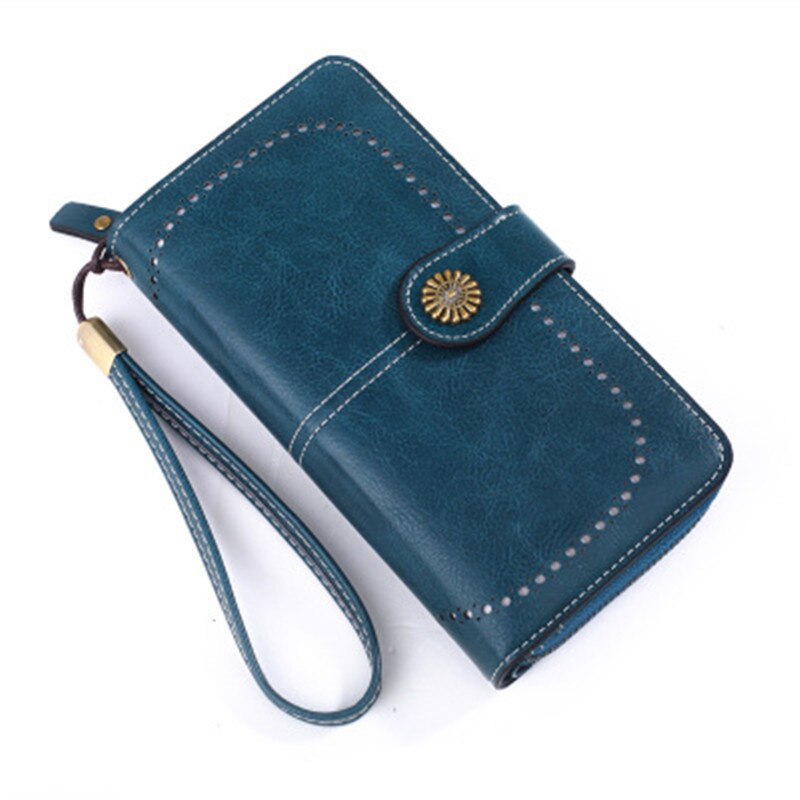 Damen-geldbörse aus gewachstem leder im retro-stil mit langem reißverschluss, handytasche, kartenetui und handtasche.