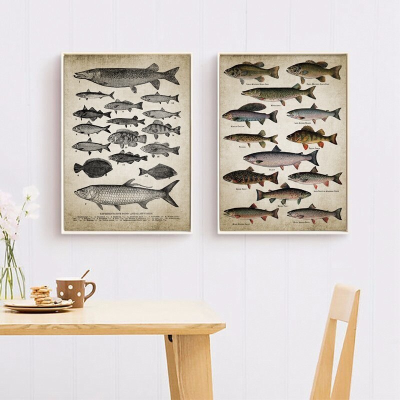 Fishing Angling Wall Art Canvas Posters Prints Breeds Of Fish Painting Freshwater Fish Wall Picture Poster Kraft paper