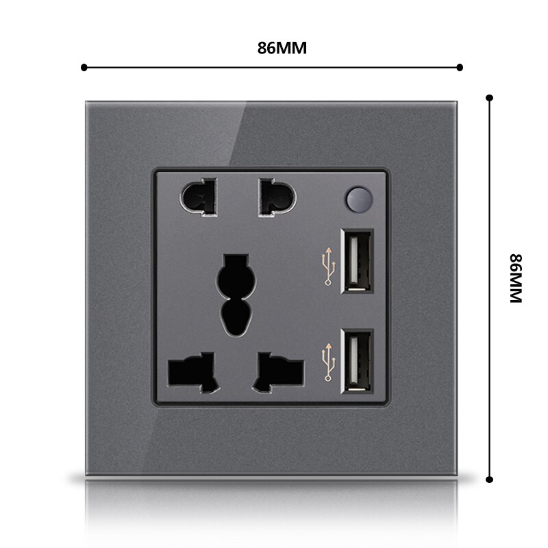 G11 13A universal 5-hole 2usb socket with one switch toughened glass panel wall socket grounding household power socket home dec: ash