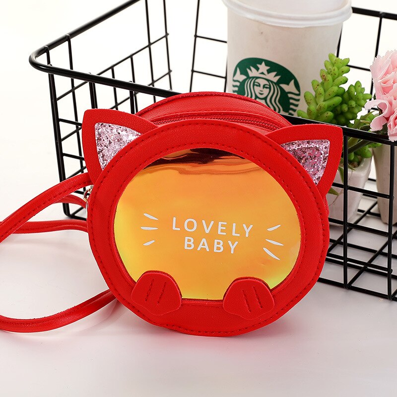 Korean Cute Kids Cat Crossbody Bag Cartoon Baby Girl Toddler Mini PU Messenger Bags Shoulder Bag: Red cat