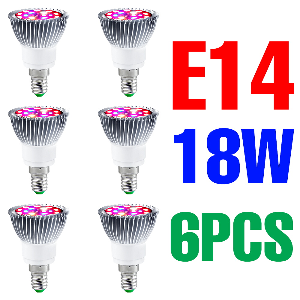 Lâmpada de led para crescimento de plantas phyto, espectro completo, lâmpada e27 para crescimento de plantas, fitolampia, para mudas internas, flores, barraca de crescimento: E14 18W 6PCS
