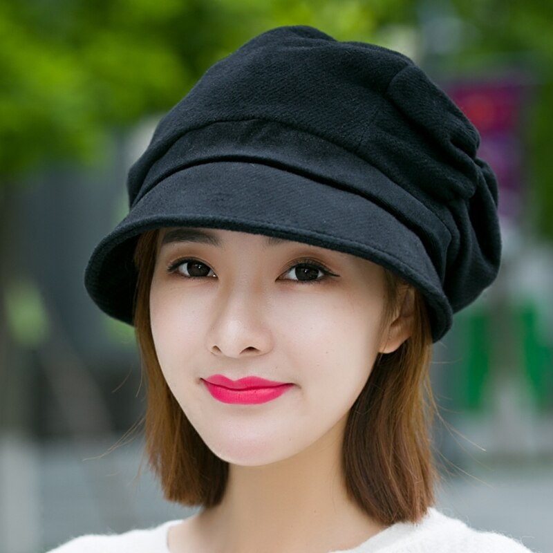 H7703 boina feminina chapéu outono inverno de alta qualidade moda coreana casual boinas boné japonês quente simples ao ar livre estudante menina chapéus: Black