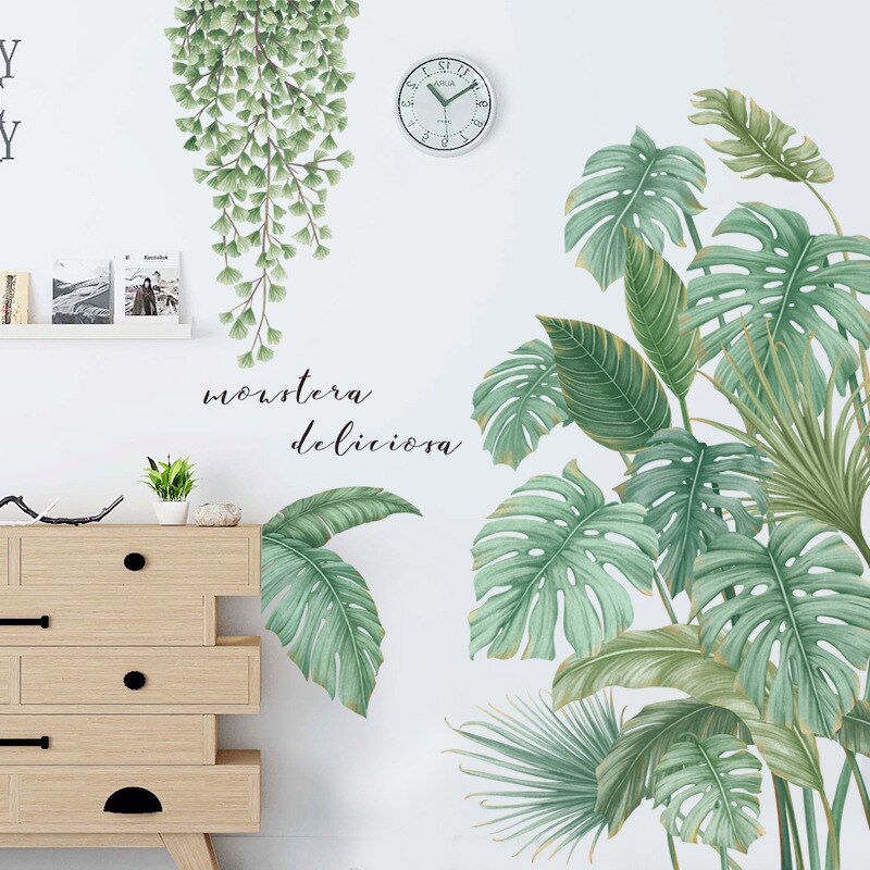 Estilo nórdico, hojas de plantas tropicales, pegatinas de pared para sala de estar, dormitorio, vinilo ecológico, Póster Artístico con calcomanías para decoración del hogar