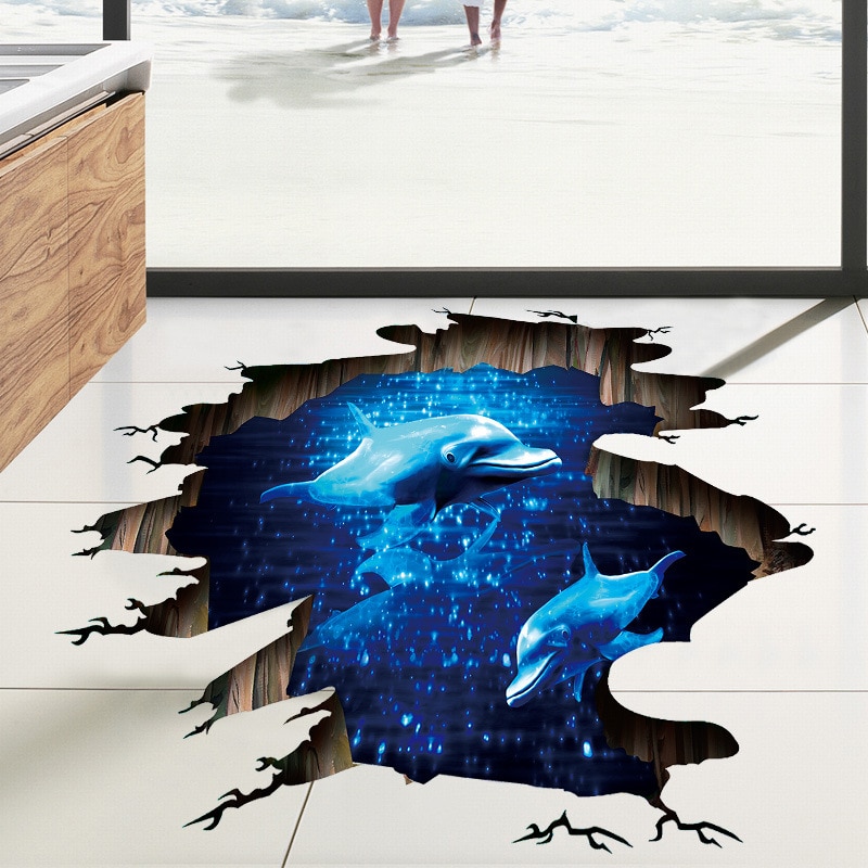 3D Dark Blue Dream Dolphin Floor Sticker Bathroom Living Room Floor Decoration Mural Wall Stickers Home Decor Decals Wallpaper