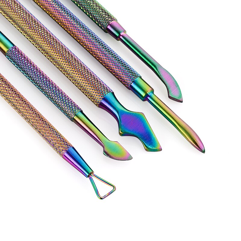 Doble cara camaleón Arco Iris cutícula empujador tijeras pinza Picker acero manicura herramienta de Arte de uñas