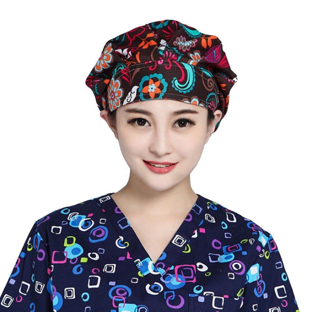 Blommigtryck skrubbmössa salong kosmetolog kock dammsäker bouffant justerbar hatt andas kök arbetar lampsvart mössa