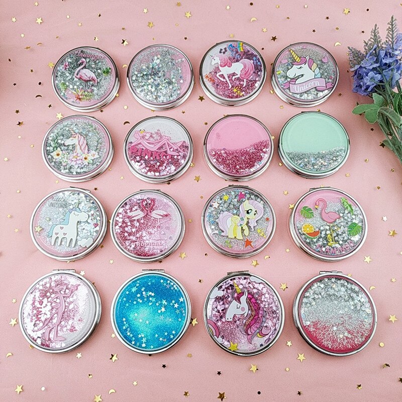 Mini Unicorn Makeup Mirror Compact Pocket Mirror Portable Double-Sided Folding Cosmetic Mirror With flowing sparkling sand