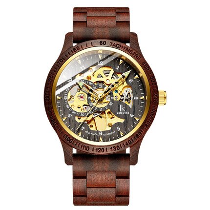 Mænd træ ure guld skelet ure mænd træ rem automatiske mekaniske armbåndsure ik farve relogio masculino: C1