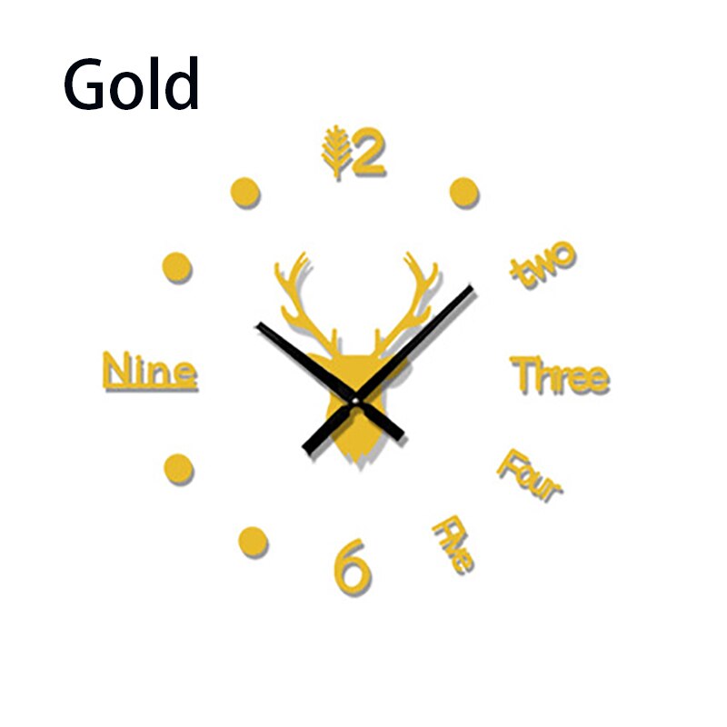 3D Wall Clock Mirror Wall Stickers Deer Head DIY Large Wall Clock Quartz Watch Art Decal Sticker Living Room Home Decor: Gold
