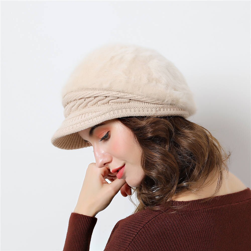 Damesmuts gebreide wintermuts voor meisjes pet strik herfst dames baret konijnenhaar: B