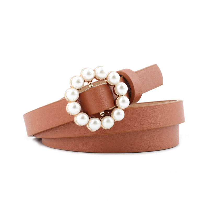 Perle dekorativt belte dame belte rund pin spenne perle belter dame casual solid pu lær tynt belte: Brun