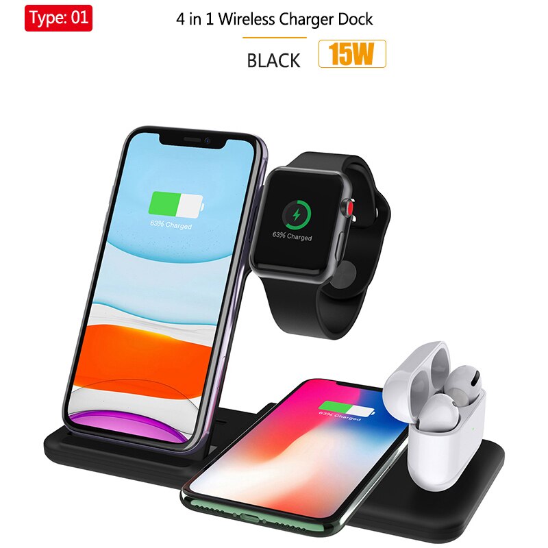 4in1 Qi Wireless Charge Station Foldable Base 15W Fast Wireless Charging for Samsung S20 S10 Huawei Apple iWatch 5 4 3 Airpods 2: T1 15W Charge Black