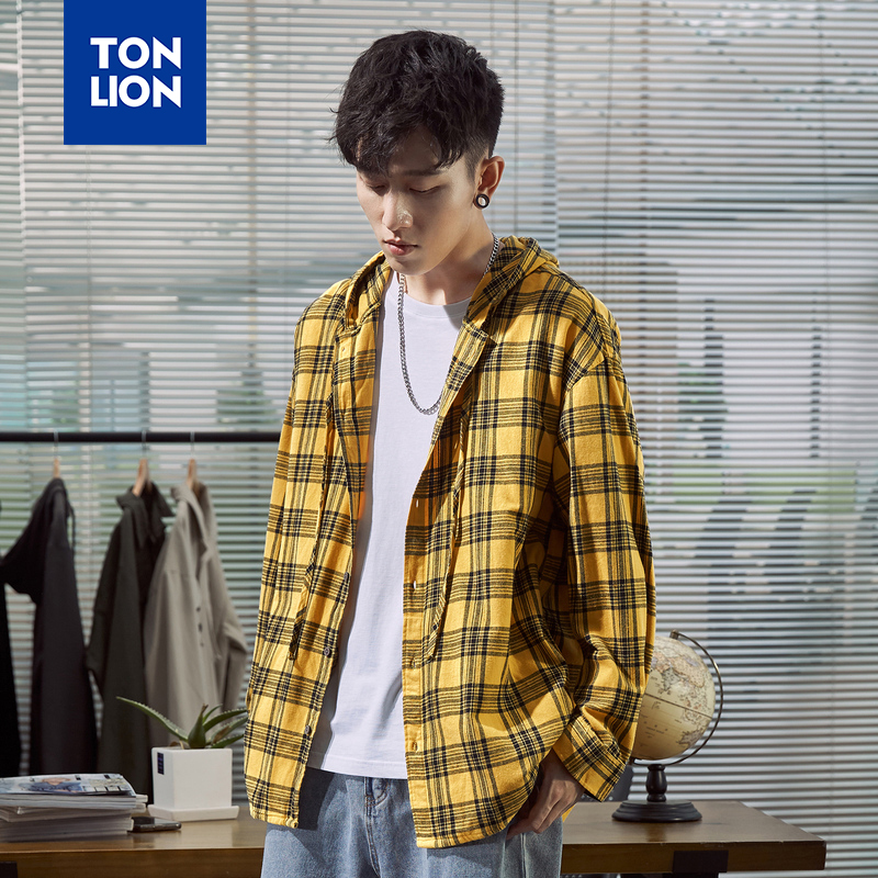 TONLION, camisa amarilla a cuadros para hombre, camisa para hombre con capucha, a la de manga larga Camisa con capucha, Tops sueltos casuales, camisa amarilla para hombre, Primavera
