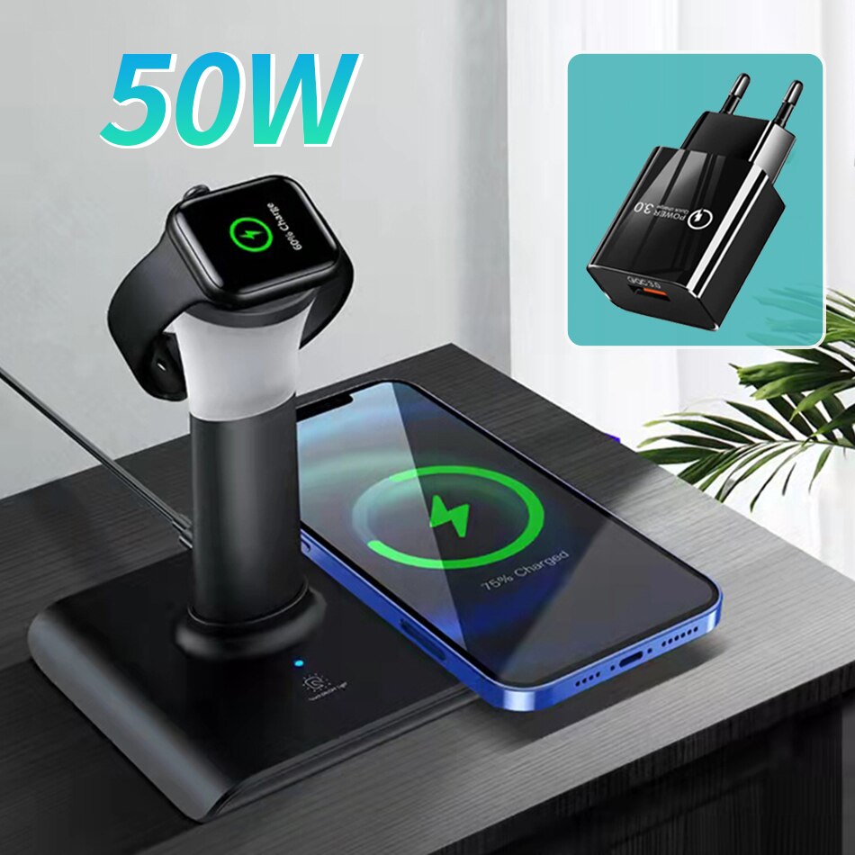 50W 3 in 1 Wireless Charger for iPhone Airpods Apple Watch Docking Station Desk Top LED Lamp QI Fast Inductive Charging Stand: With EU Plug