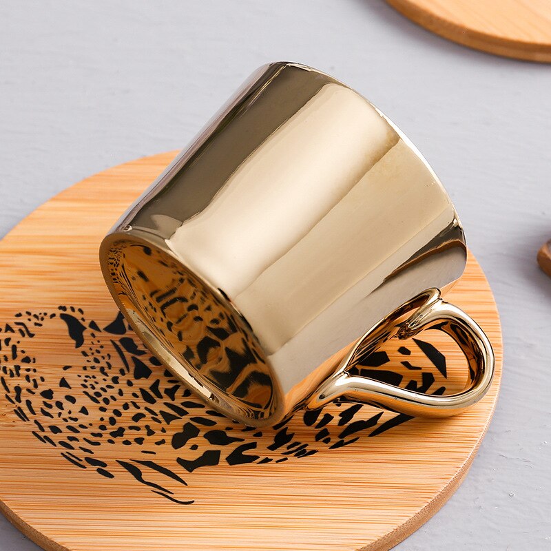 Plating Mirror Reflection Ceramic Coffee Mugs With Wood Dish Tea Cups Drinkware Send Box