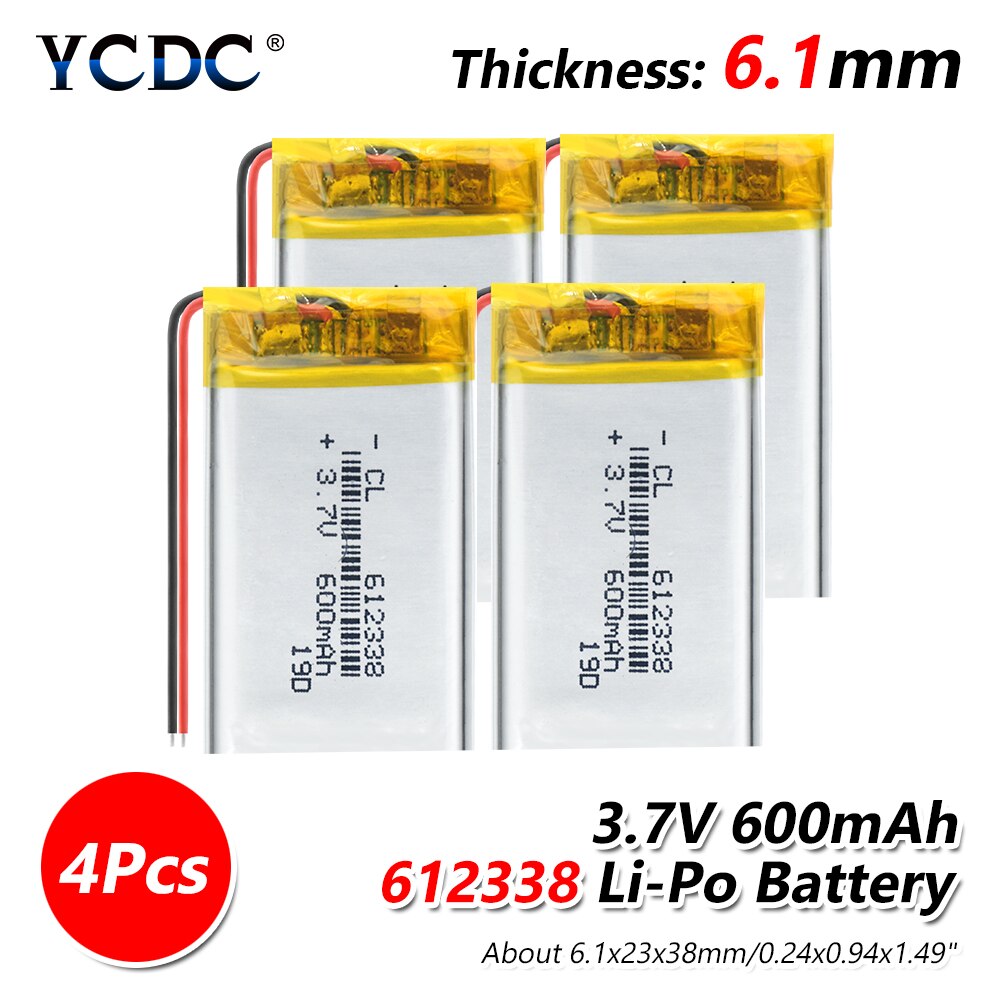 3,7 v 600mAh 612338 1/2/4 Uds. Batería de polímero de litio 3 7V voltios li po ion, baterías recargables lipo para navegación GPS dvd: 4 PCS
