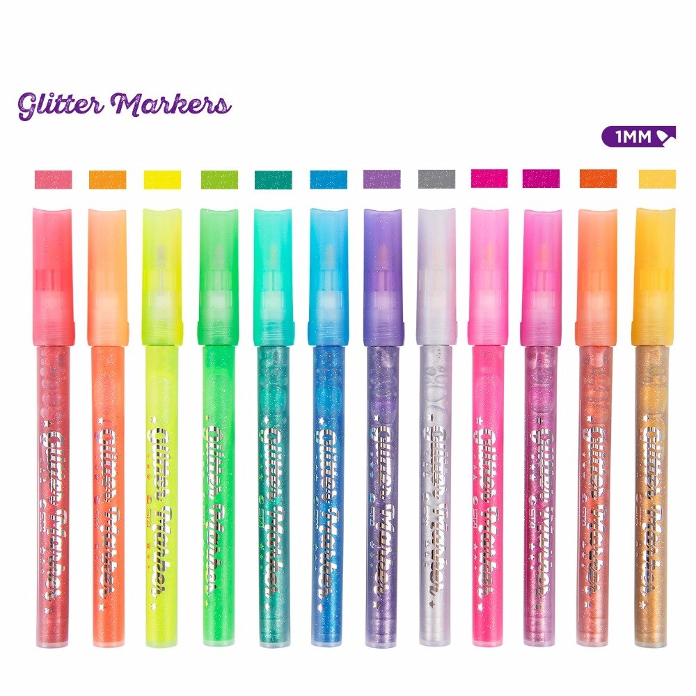 12 Kleur Glitter Marker Pen 1Mm Microporeuze Schrijven Pigment Inkt Water Weerstand Niet Giftig Tekening Kunst School Supplies A6848