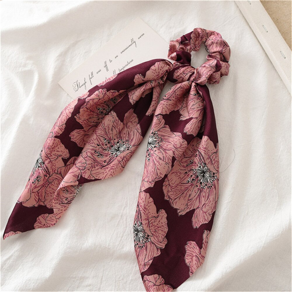 Sommer hår tørklæde sløjfe knude hestehale holder hår scrunchies til kvinder store blomster pandebånd elastisk hårtilbehør: Rødvin