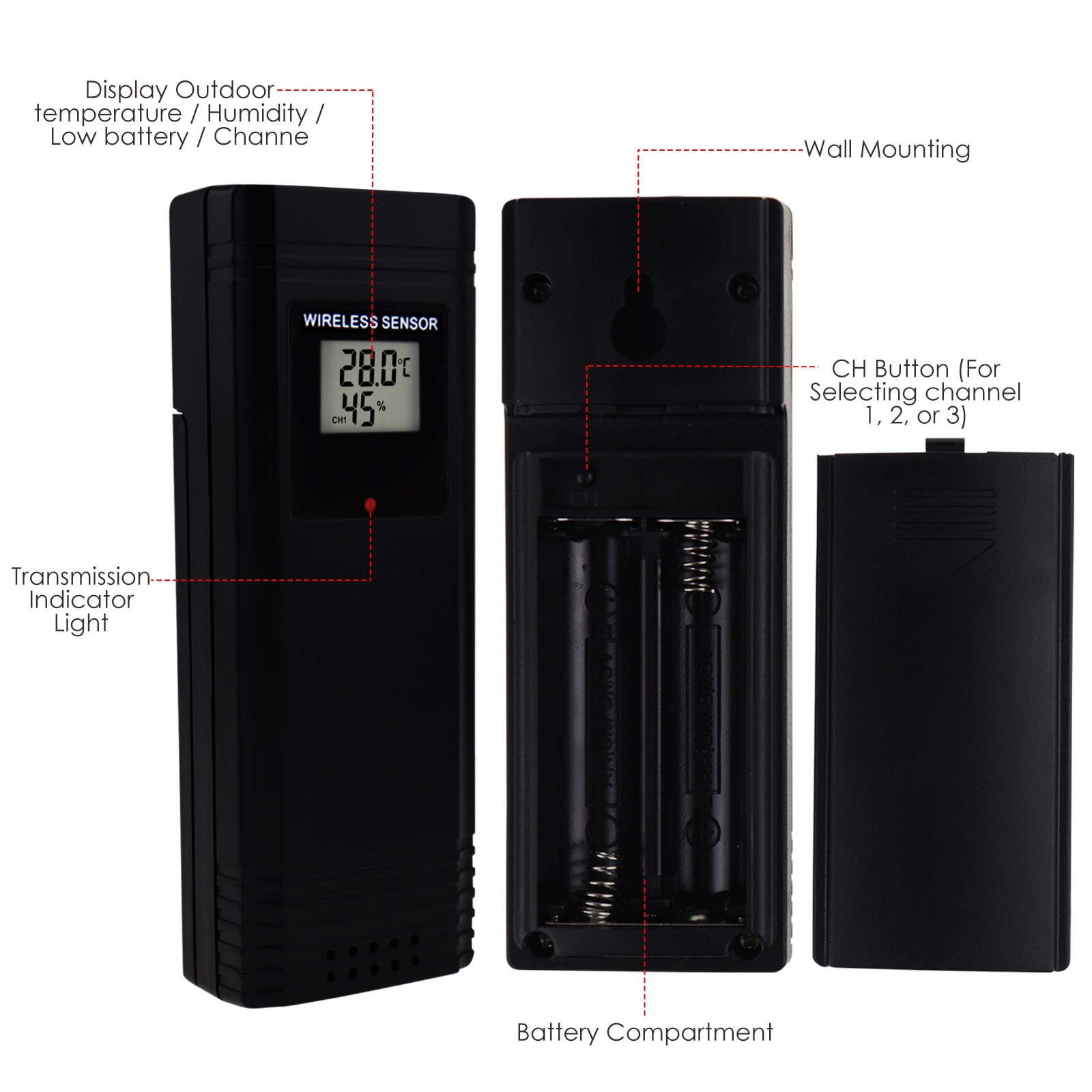 Digital Wireless Weather Station Indoor Outdoor Temperature &amp; Humidity Measurement with 3 Sensors, °C/°F Black LED Light Display