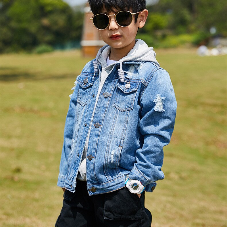 Jongens Denim Jas Met Capuchon Mode Brand Kids Patchwork Jean Jas Voor Tiener Jongen 100-160Cm Bovenkleding LM071: picture colors A / 140CM