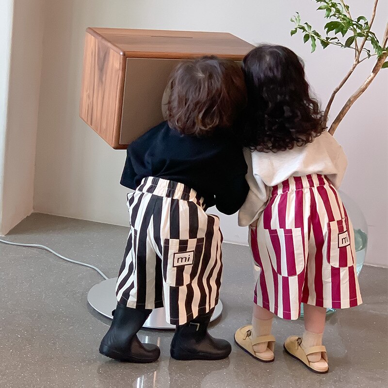 2117B 2022 Summer Girls Boys pantaloni a righe lunghezza media tasca grande bambino coreano pantaloni per bambini gamba larga allentata