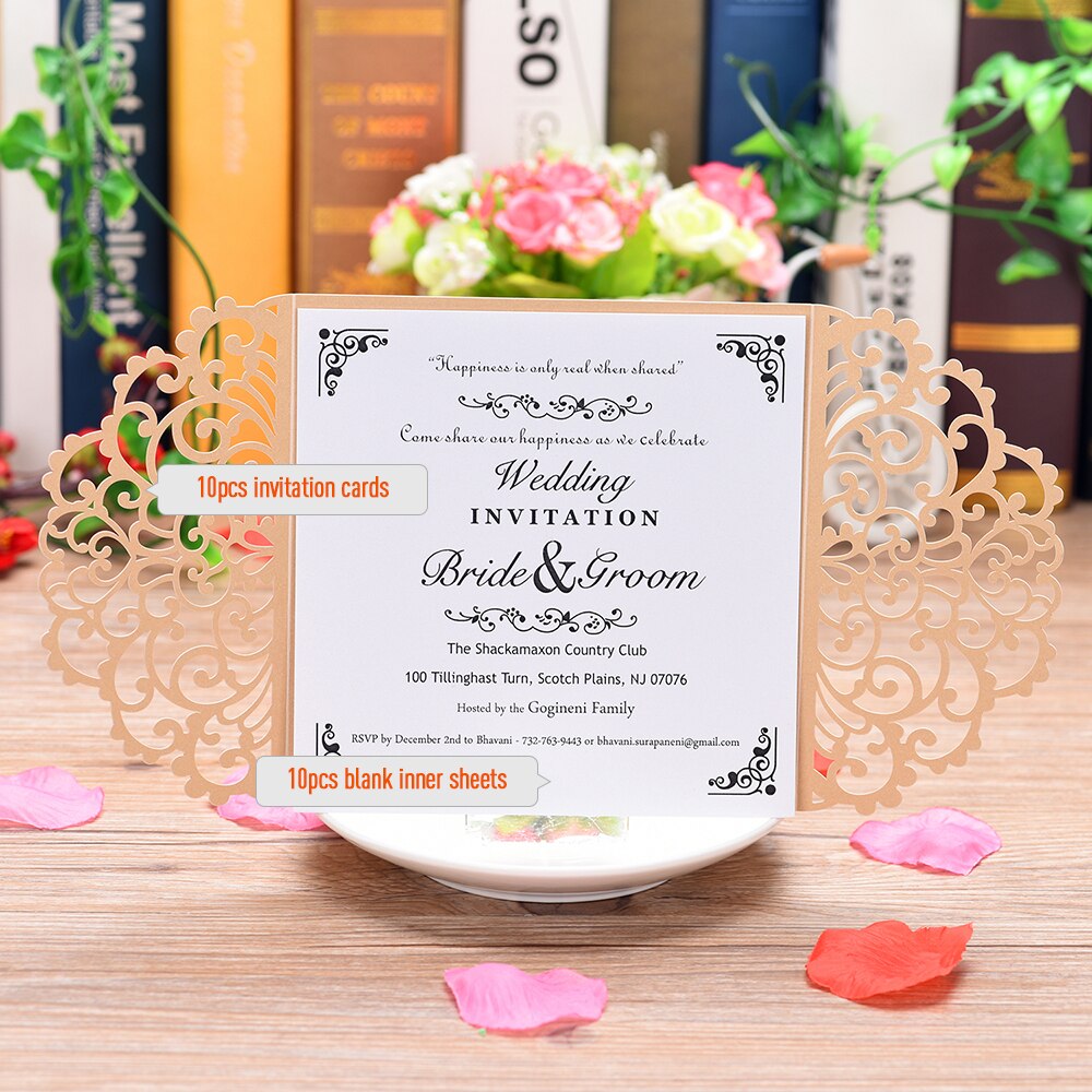 10Pcs Pearl Paper Invitation Cards Delicate Carved Floral Pattern Invitation Cards For Wedding Engagement Bridal Shower: Gold inner sheet