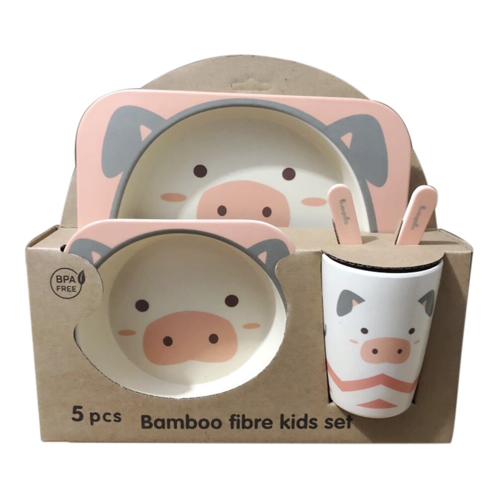 5 stk børn fad baby bordservice sæt ske servise kop plade skål gafler udendørs bambus fiber bærbar picnic sød tegneserie: Lyserød gris