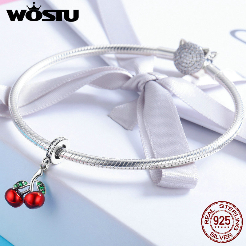 WOSTU Real 925 Sterling Silver Red Cherry Pendant Charms fit Original Women Bracelet Necklace 925 Jewelry CQC784