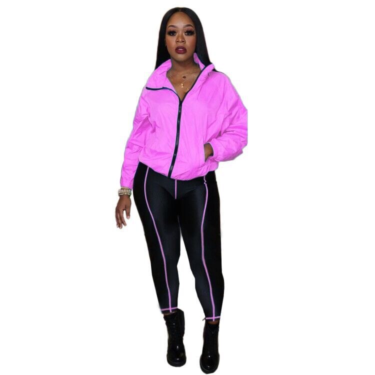 Adogirl Fluorescent Green Women Tracksuit Athleisure Two Piece Set Stand Collar Long Sleeve Jacket Coat Skinny Pants Sportswear: pink 2 piece set / S