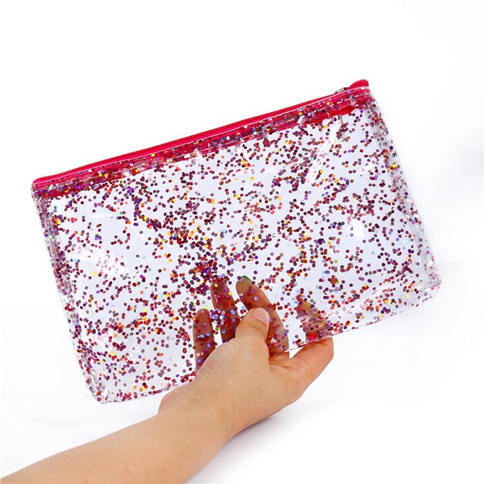 Transparent pvc-påse smink för kvinnor flyttade paljetter clutch handväska resor necessärer stor organisatör kosmetisk väska pennfodral: Reste sig