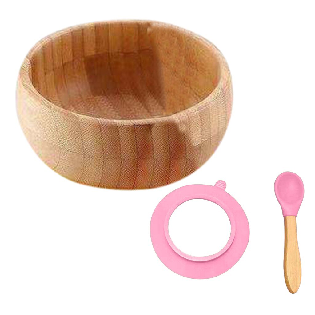 Baby børneservise sæt runde bambus skål silikone ske sæt skridsikker sugekop fodring skål til børn køkken bestik sæt: Lyserød