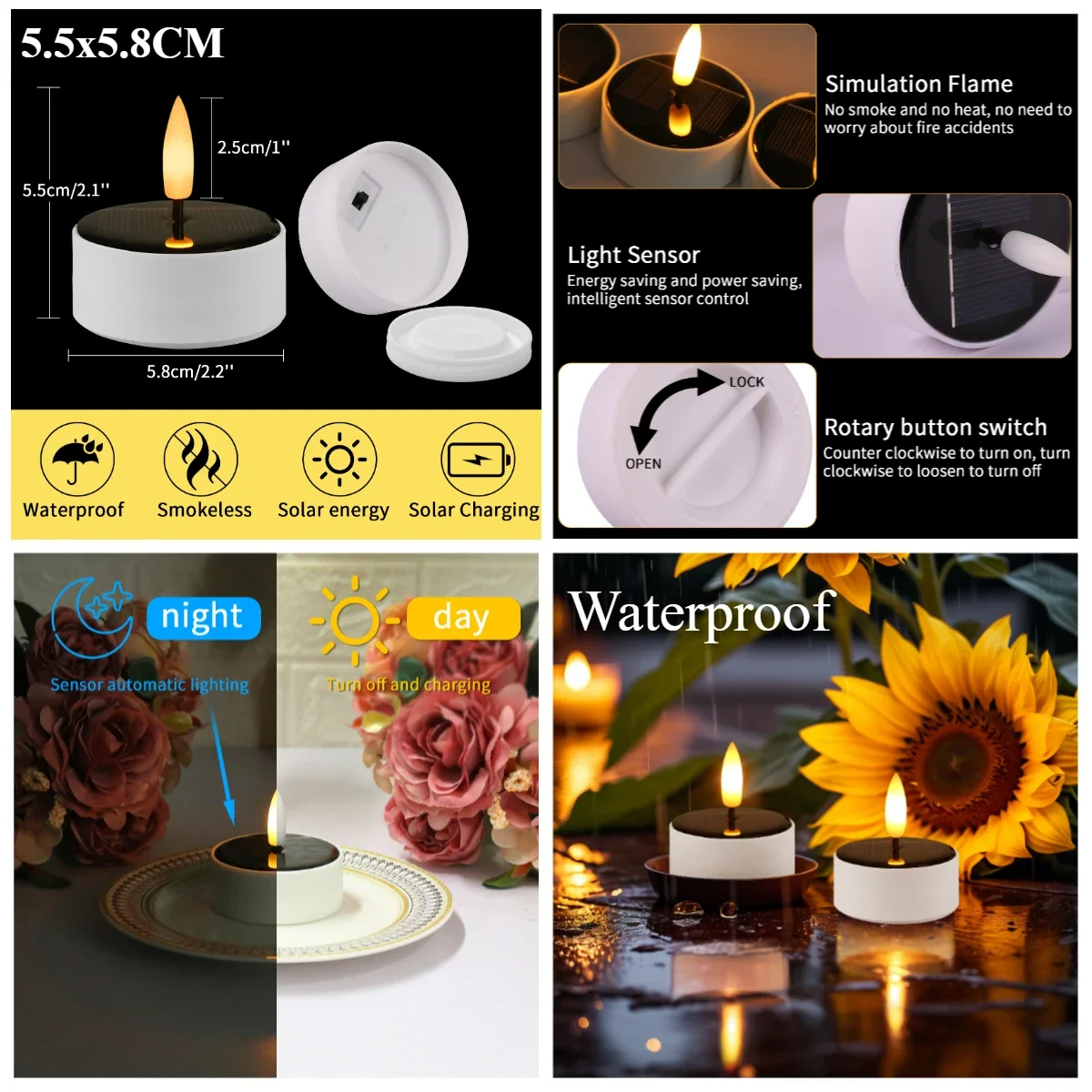 Velas solares de luz nocturna para jardín, lámpara de vela sin llama parpadeante, 6 piezas